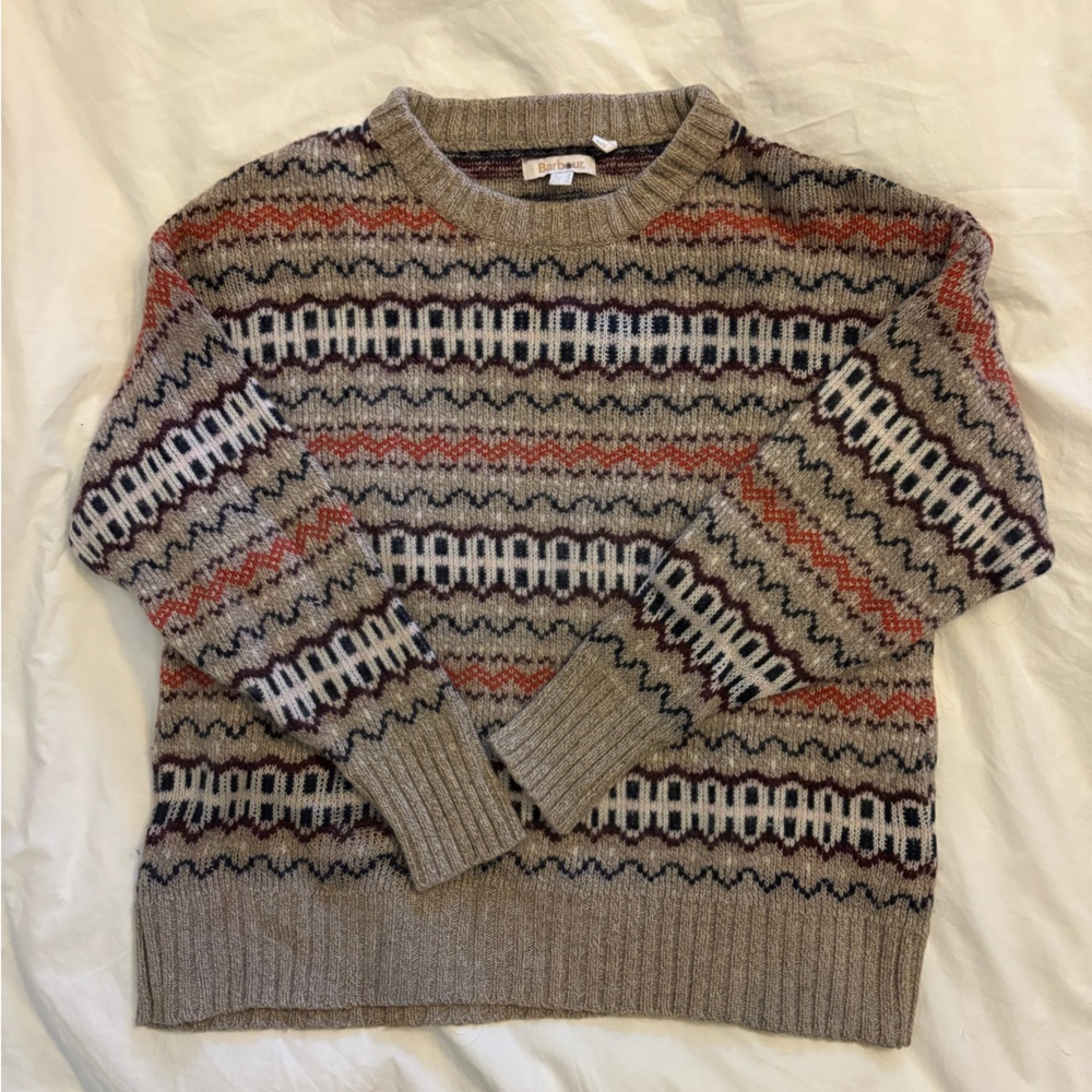 Barbour Taupe Fair Isle Stripe Knit Sweater with Rust & Navy Accents